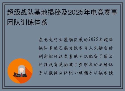 超级战队基地揭秘及2025年电竞赛事团队训练体系